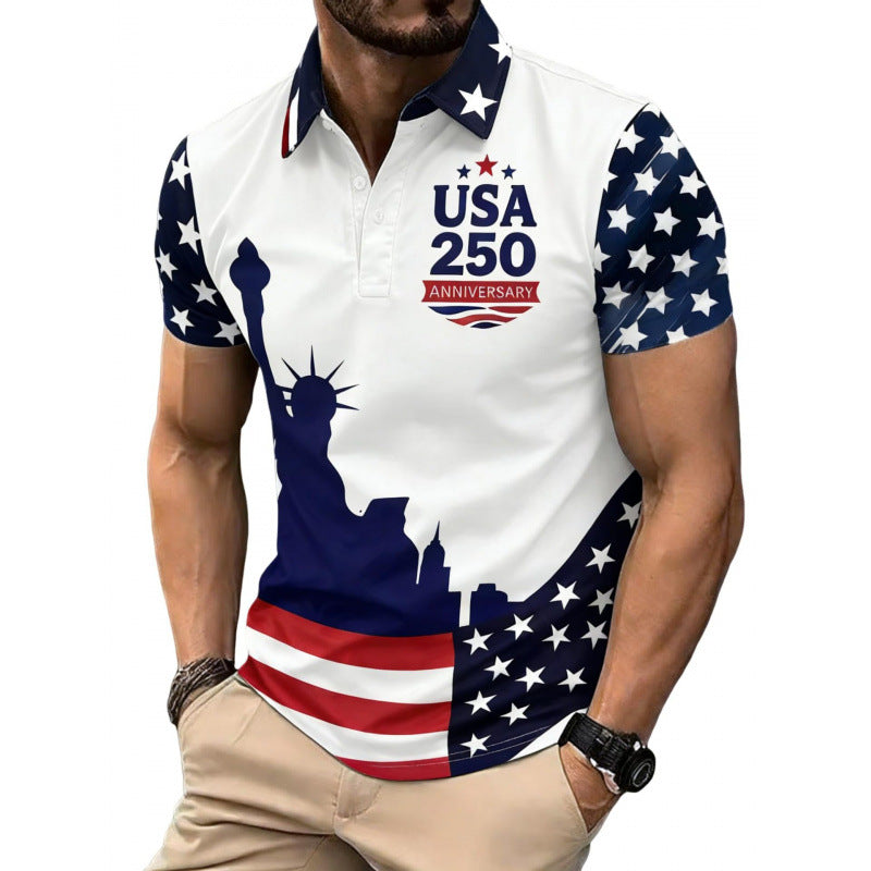 New Fashion Mens USA 250 Anniversary Liberty Polo Shirt Patriotic Star Stripes Short Sleeve Golf Casual Top