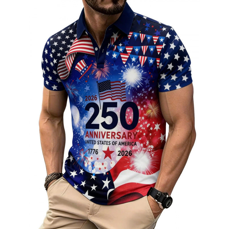 New Fashion Mens USA 250 Anniversary Liberty Polo Shirt Patriotic Star Stripes Short Sleeve Golf Casual Top